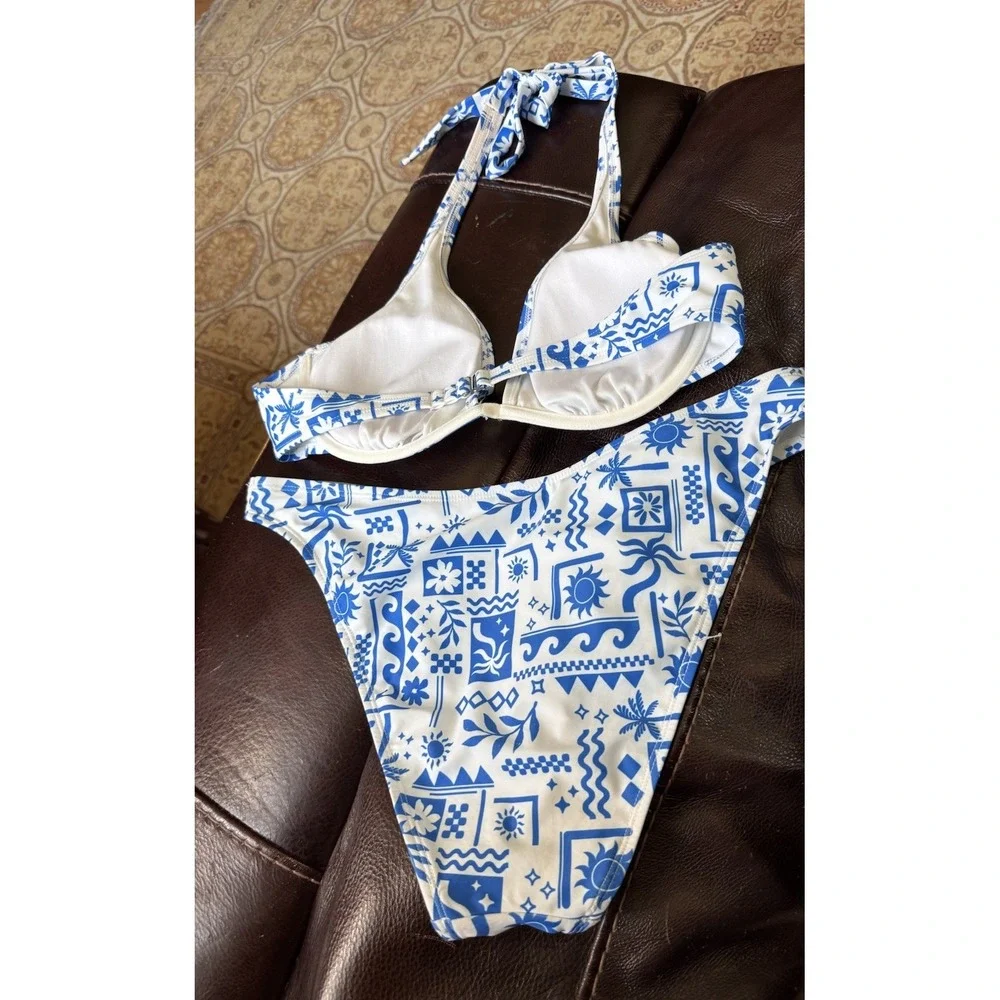 No Boundaries Greece L Blue Sea White Resort 2 Pieces Bikini Set Women's Large L